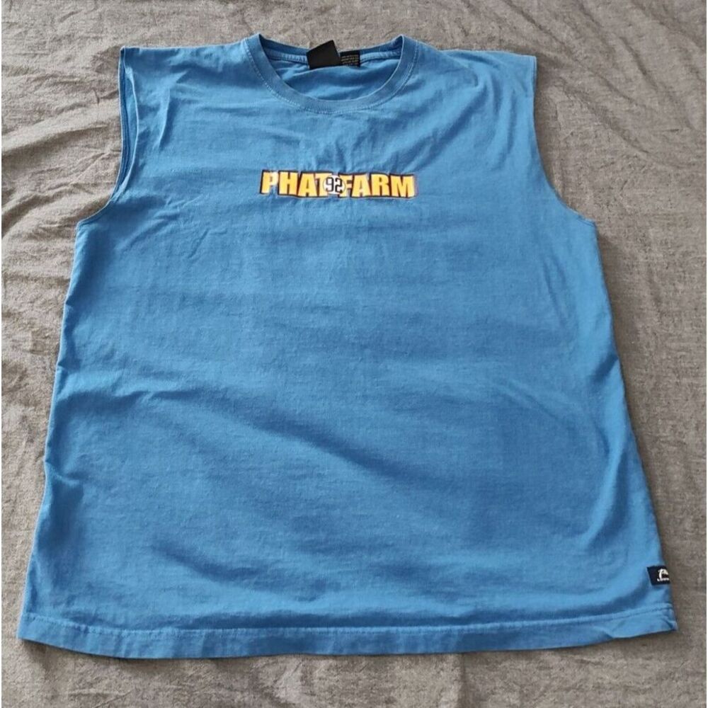 Phat Farm Sleeveless Shirt Mens Large Blue Spellout Logo Tank Gym Y2K Casual